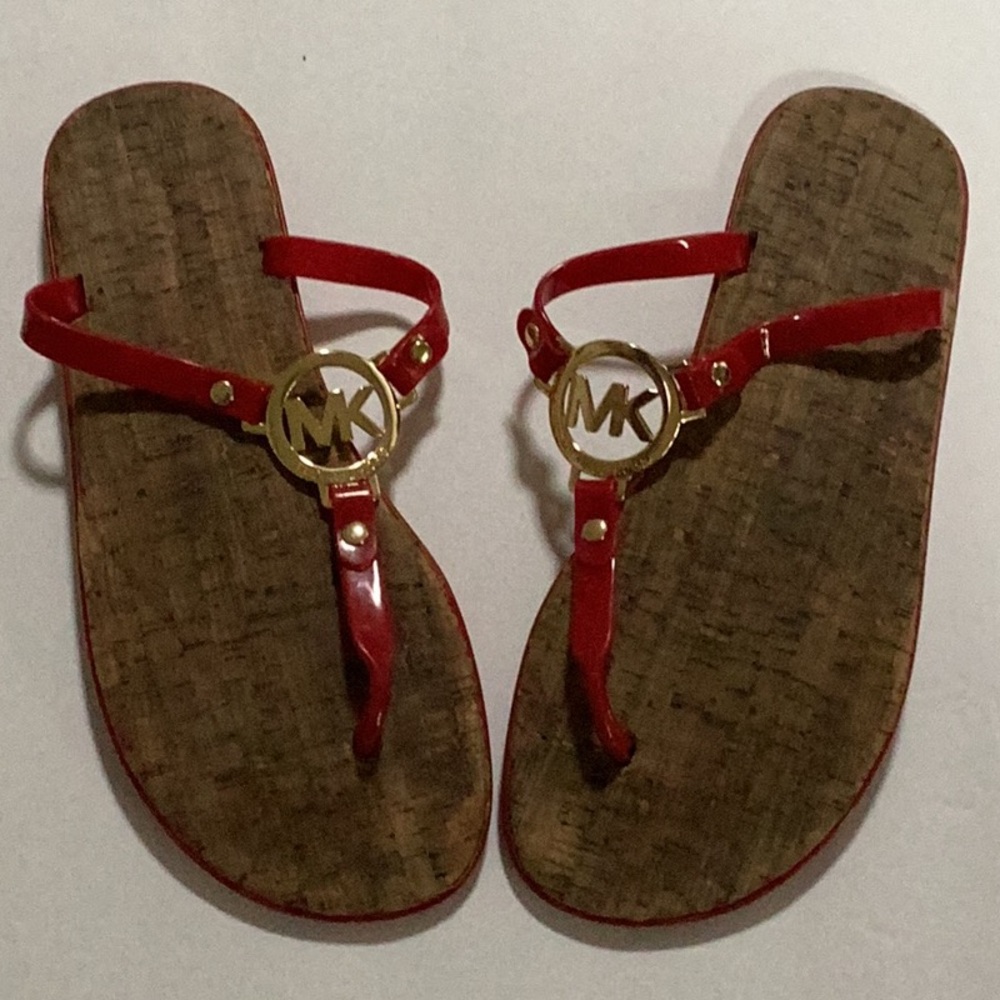 Michael Kors Red Jelly Cork Gold Metal MK Logo Thong‎ Sandals Size 9